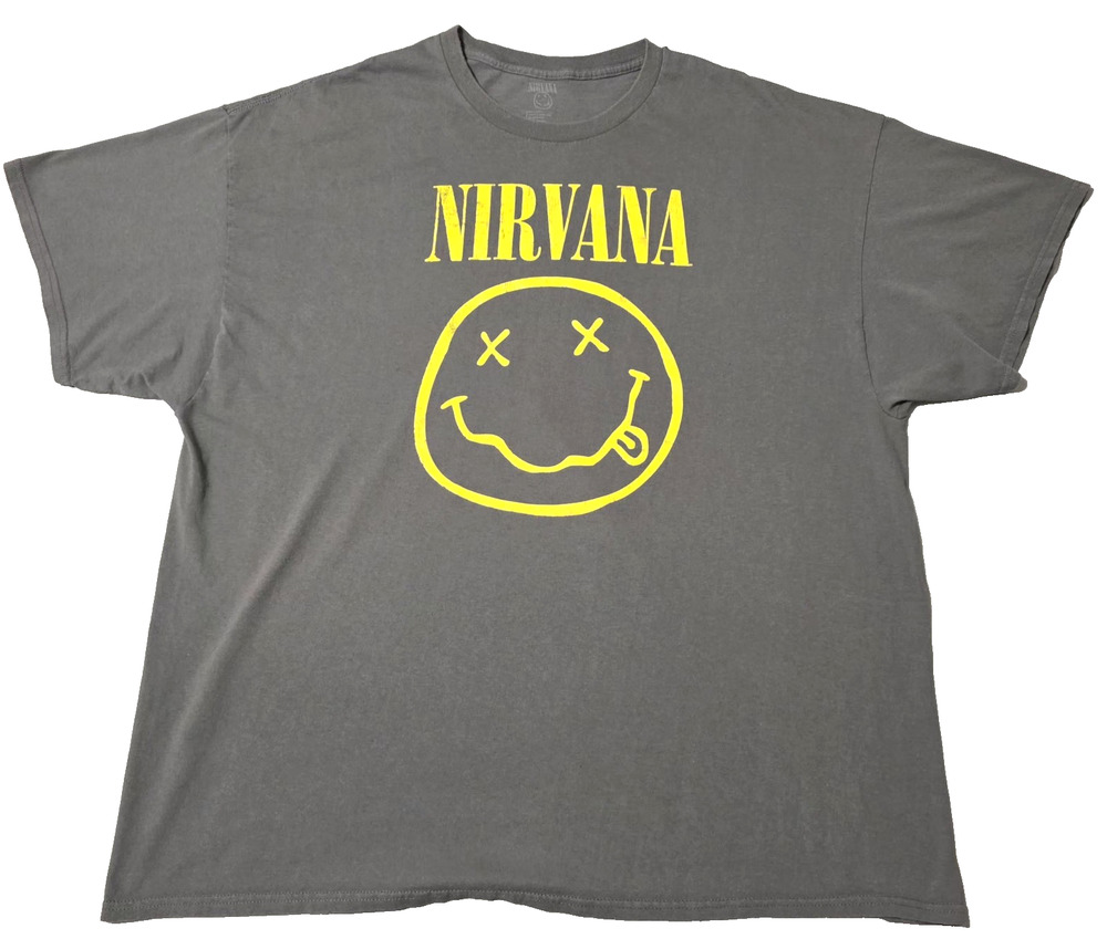 Nirvana Smiley Face Graphic T-Shirt Gray Charcoal Size 3XL Retro Grunge Rock Tee